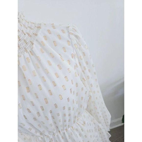 OPT O.P.T Lluvia White Gold Polka Dot Tiered Flowy Smock Neck Mini Short Dress S - Picture 3 of 12